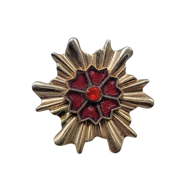 Gold Plated Star Burst Brooch Flower Center Red Rhinestone Accenr Vintage - Picture 7 of 8